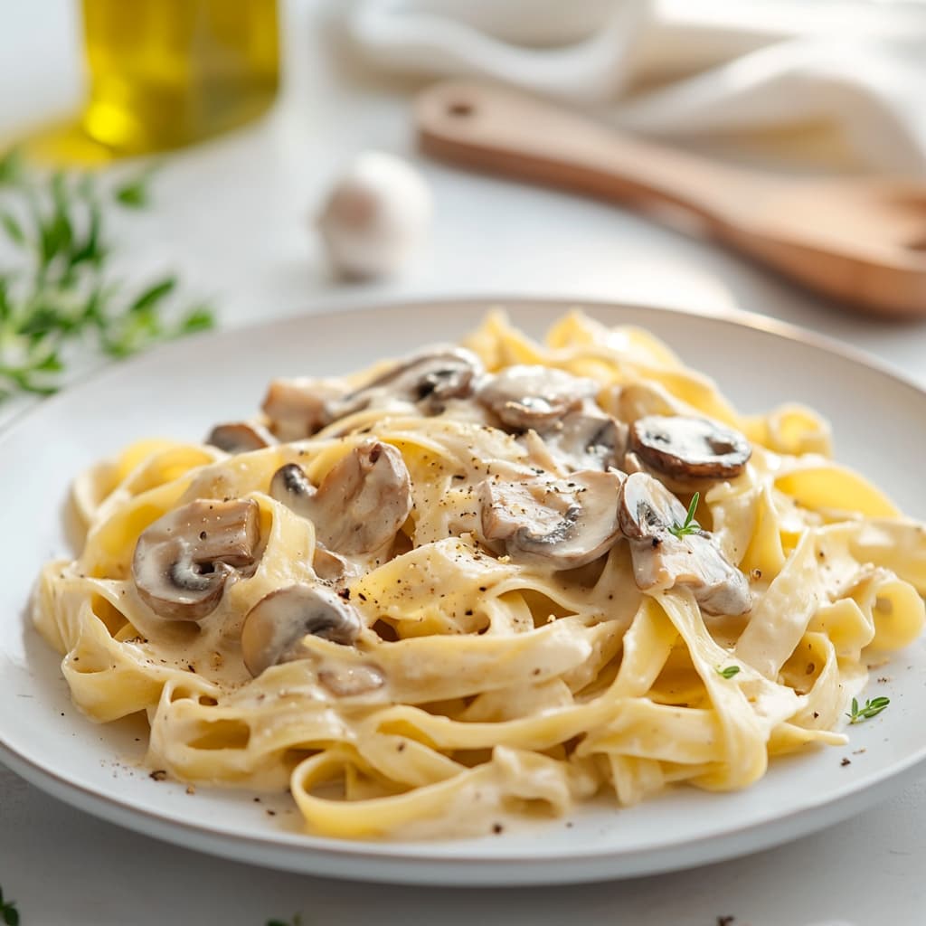 Tagliatelles crémeuses aux champignons et à l'ail sur une assiette blanche, posée sur une table en céramique, avec des morceaux de pâtes non cuites à côté