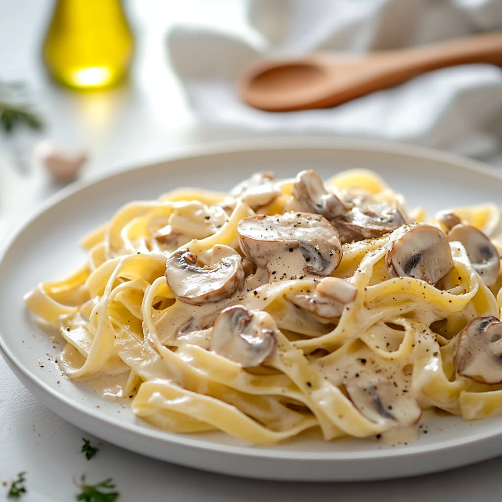 Tagliatelles aux champignons et à l'ail sur une assiette en céramique blanche, avec des pâtes non cuites et une nappe en lin dans le fond