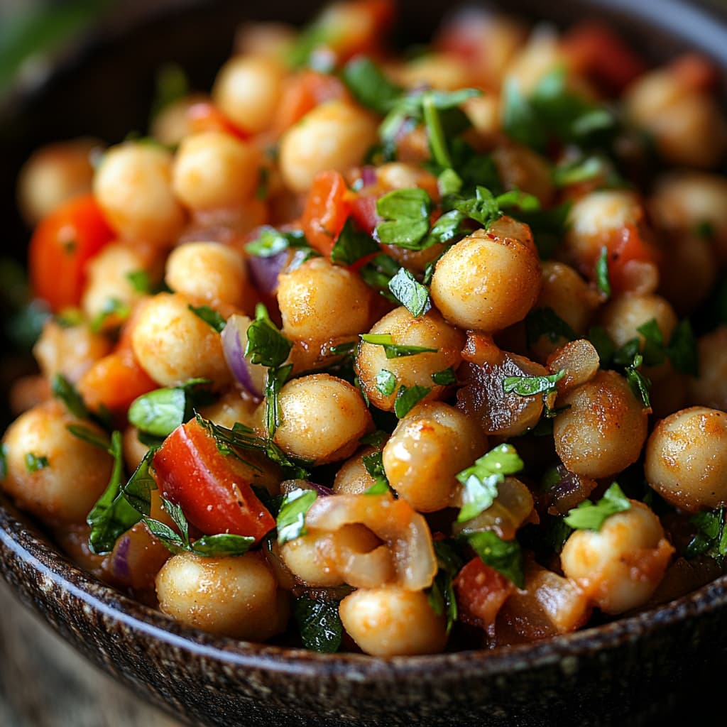Un plat de pois chiches cuits avec des légumes et des épices, servi dans une assiette
