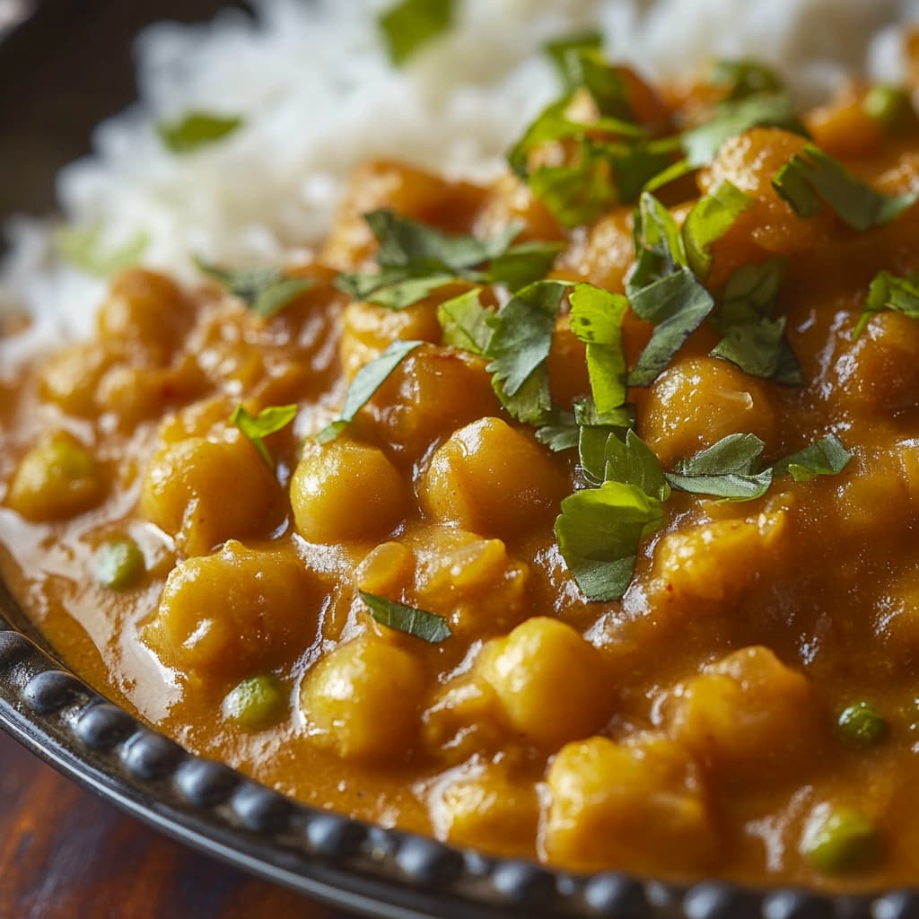 Un curry de pois chiches avec du riz blanc, garni de coriandre fraîche.