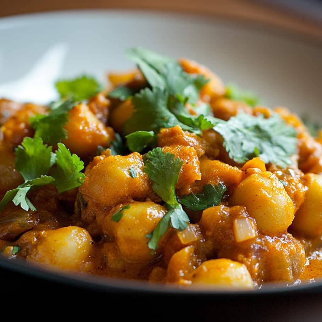 Gros plan d'un Curry de Pois Chiches, riche en couleurs et textures, éclairé par une lumière naturelle douce