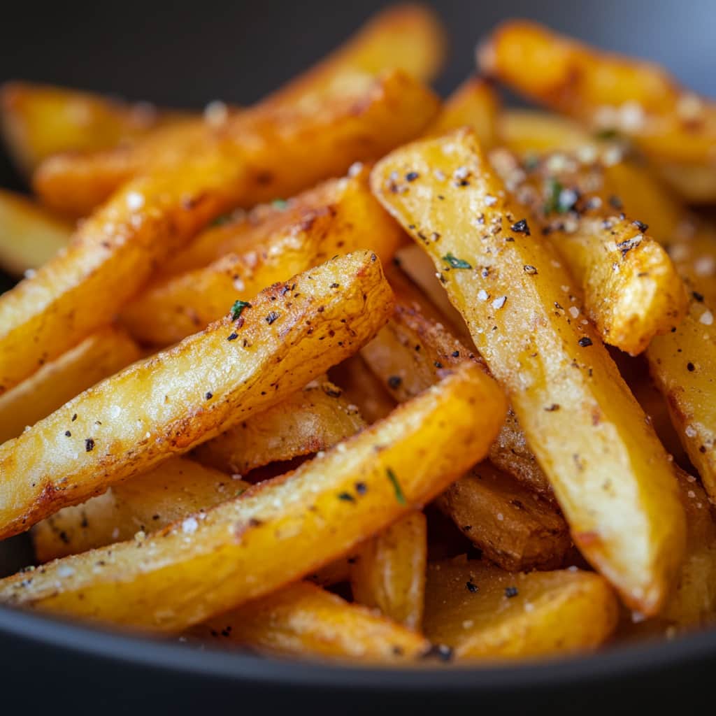 Frites de patates douces croustillantes faites dans l'Air Fryer, servies dans une assiette moderne avec une sauce d'accompagnement.