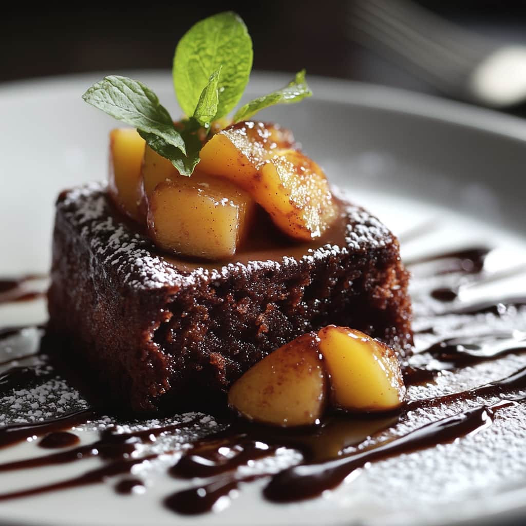 Gâteau au chocolat facile à la compote de pomme, délicatement cuit et servi sur une assiette, avec une texture fondante et une couleur riche