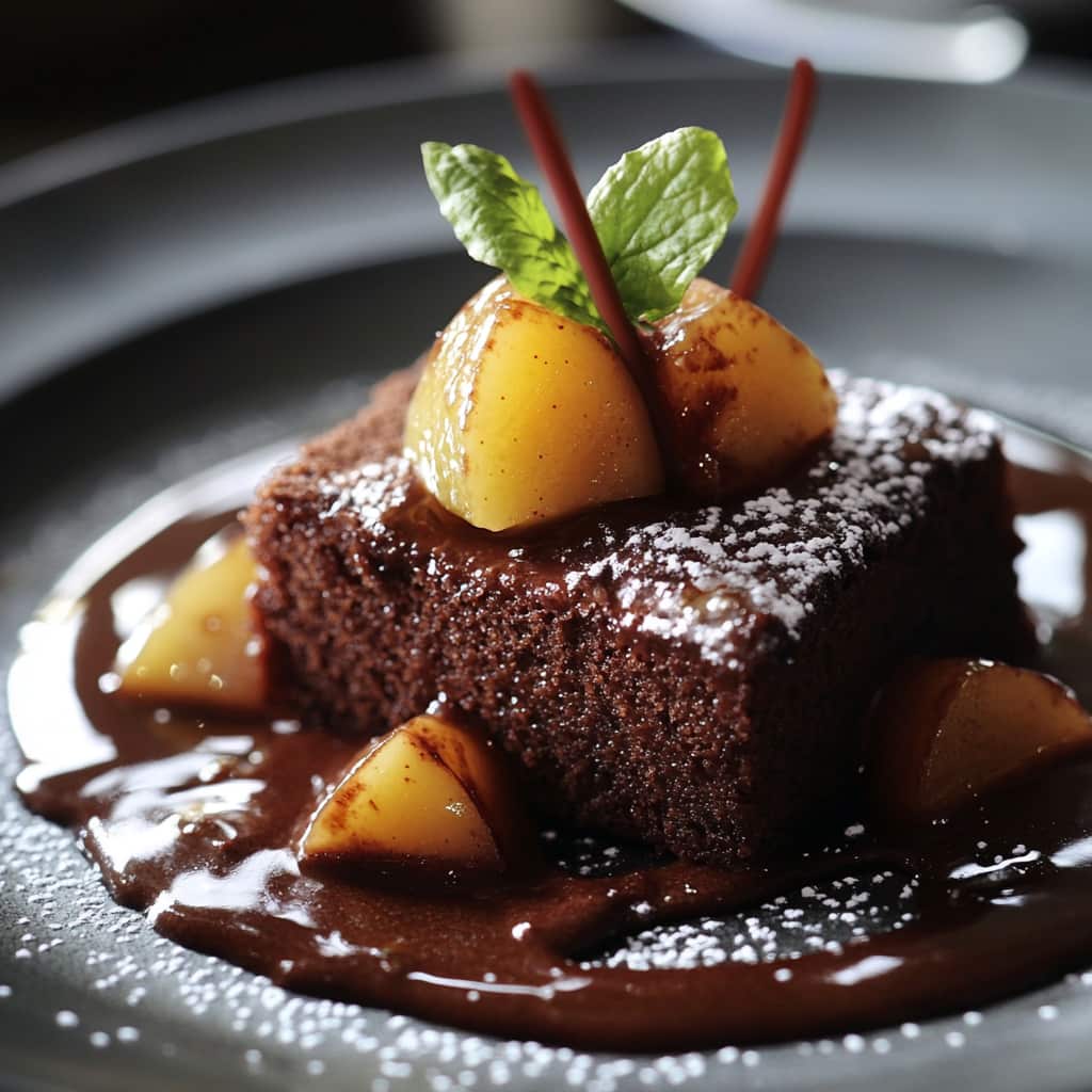 Gâteau au chocolat à la compote de pomme avec une texture moelleuse, servi sur une assiette, dans une lumière naturelle apaisante.