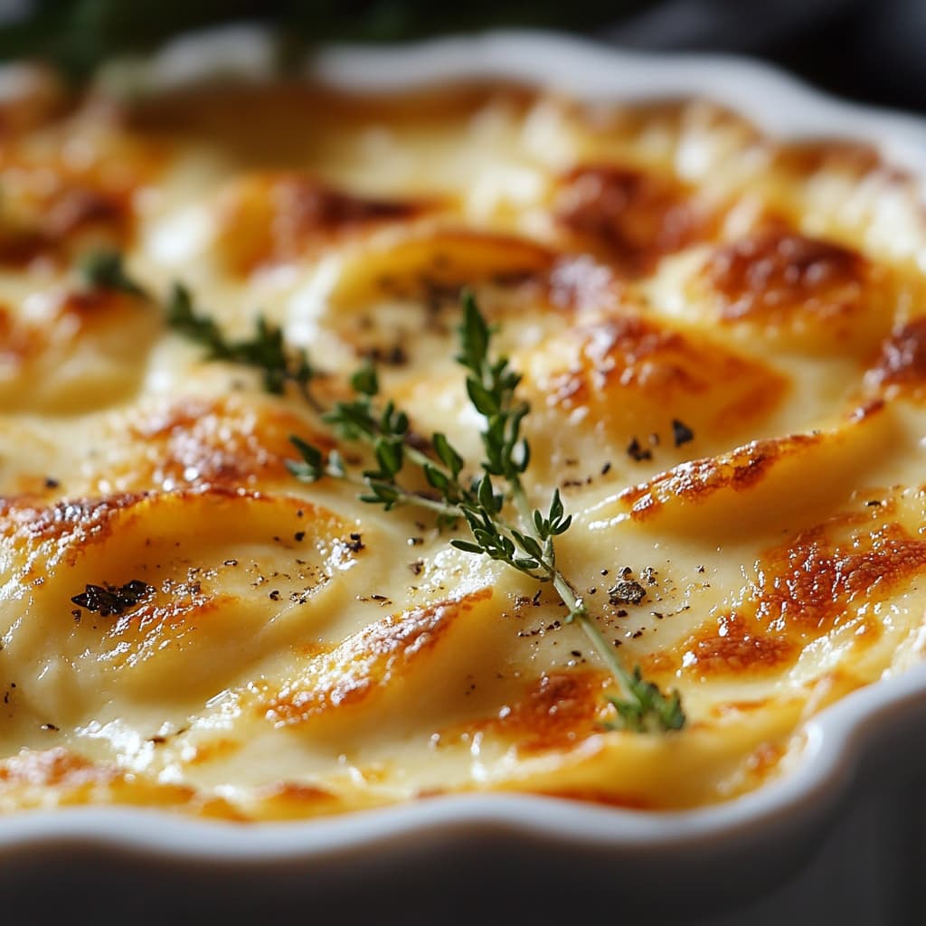 Gratin de pâtes végétarien au fromage et béchamel, présenté en gros plan avec une lumière naturelle mettant en valeur sa texture dorée et fondante.