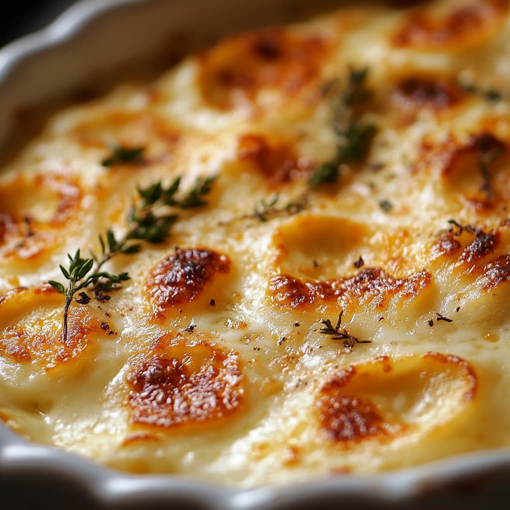 Délicieux gratin de pâtes végétarien, nappé de béchamel crémeuse et gratiné à la perfection sous une lumière naturelle douce.
