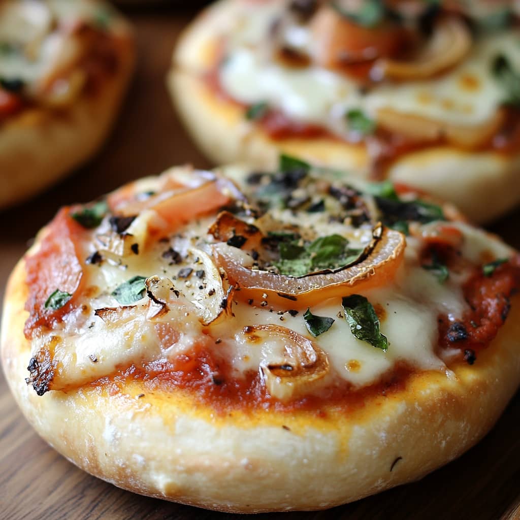 Gros plan sur des Mini-Pizzas Maison, avec des textures riches et des couleurs vibrantes, capturées sous une lumière naturelle douce