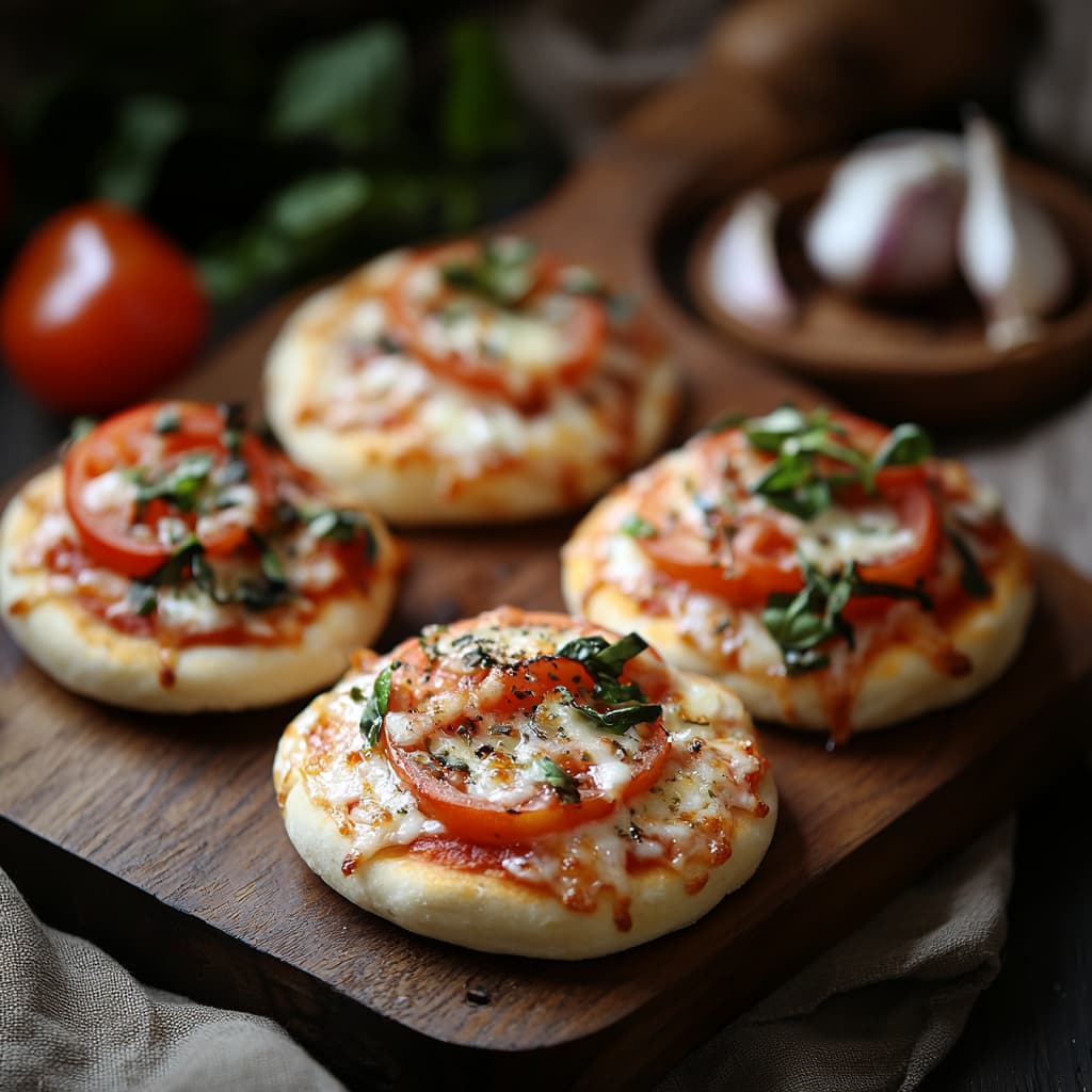 Gros plan de Mini-Pizzas Maison, mettant en valeur des textures riches et des couleurs vibrantes, capturées avec une lumière naturelle douce.