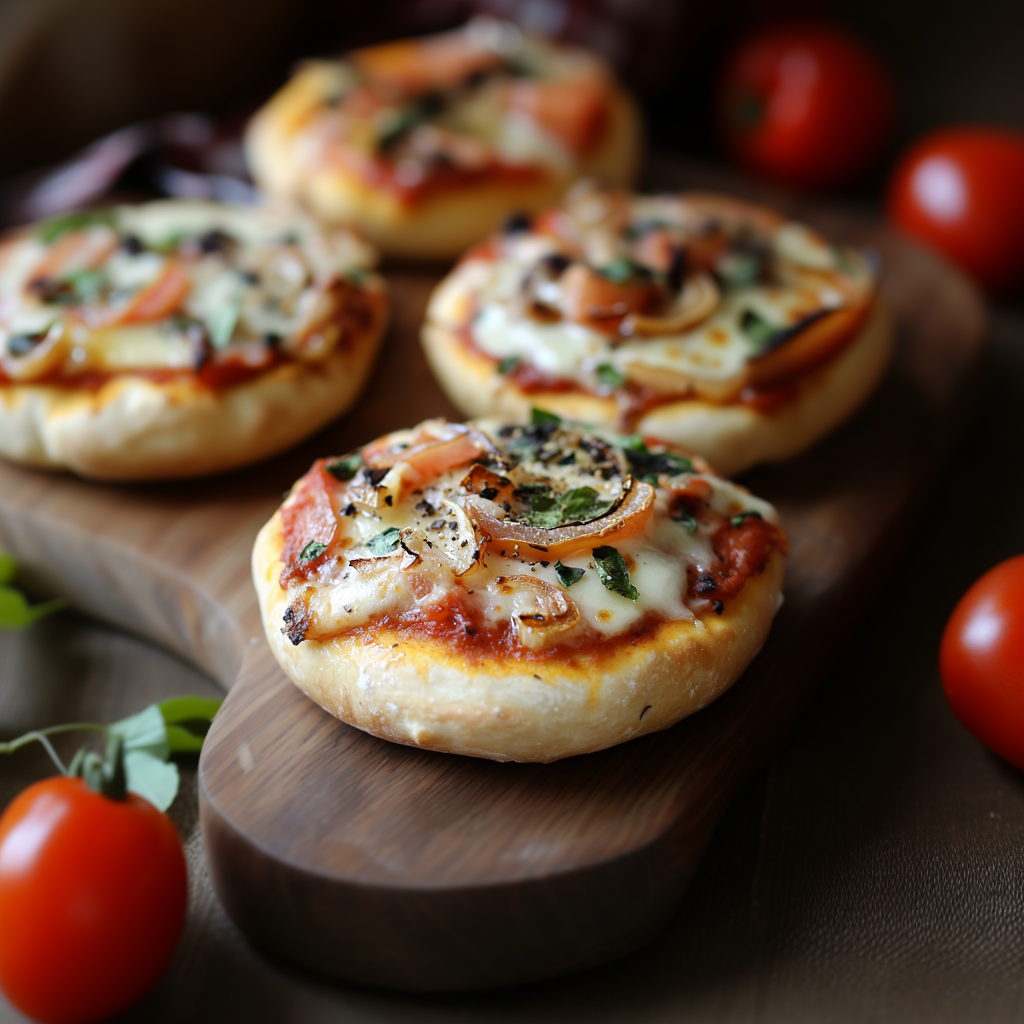 Gros plan de Mini-Pizzas Maison, mettant en valeur des textures riches et des couleurs vibrantes, capturées avec une lumière naturelle douce