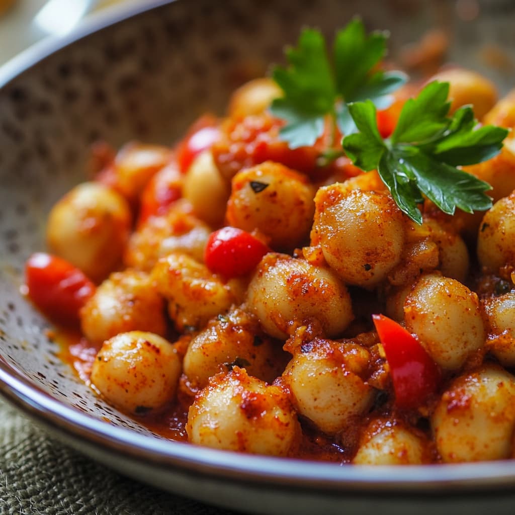 Un plat de pois chiches avec des tomates rouges et des herbes fraîches, le tout dans une sauce épicée