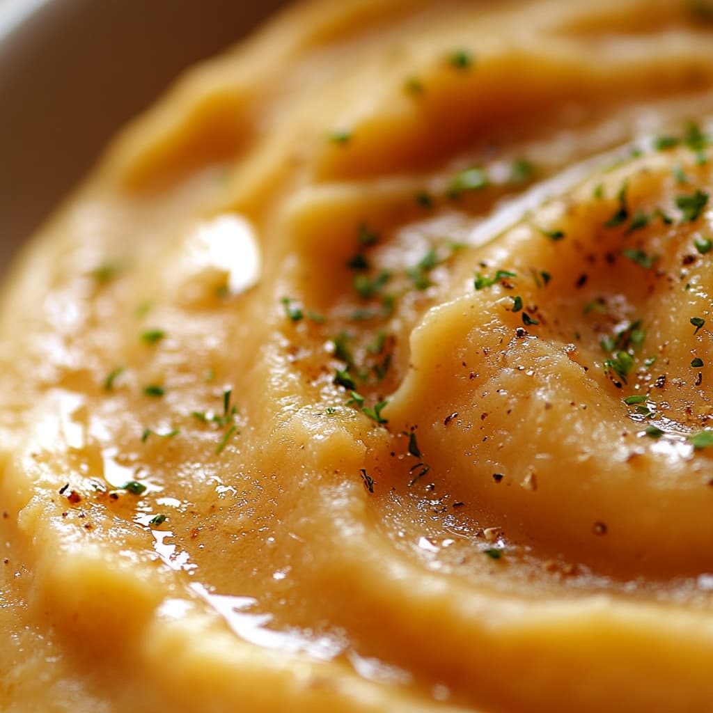 Gros plan sur une purée de patate douce crémeuse avec des textures riches et des couleurs naturelles, capturée avec une lumière douce et diffuse.