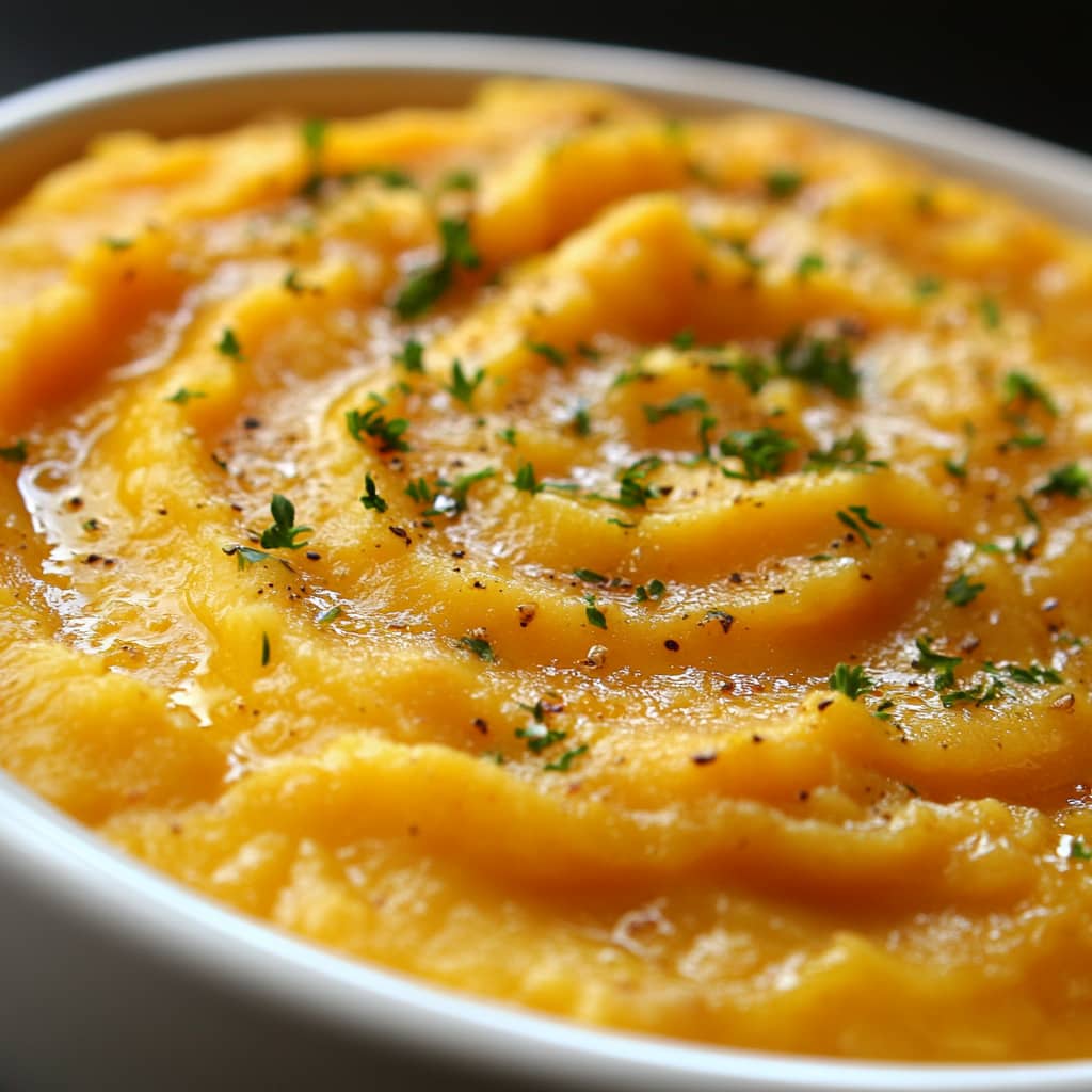 Gros plan sur une purée de patate douce crémeuse avec des textures riches et des couleurs naturelles, capturée avec une lumière douce et diffuse.