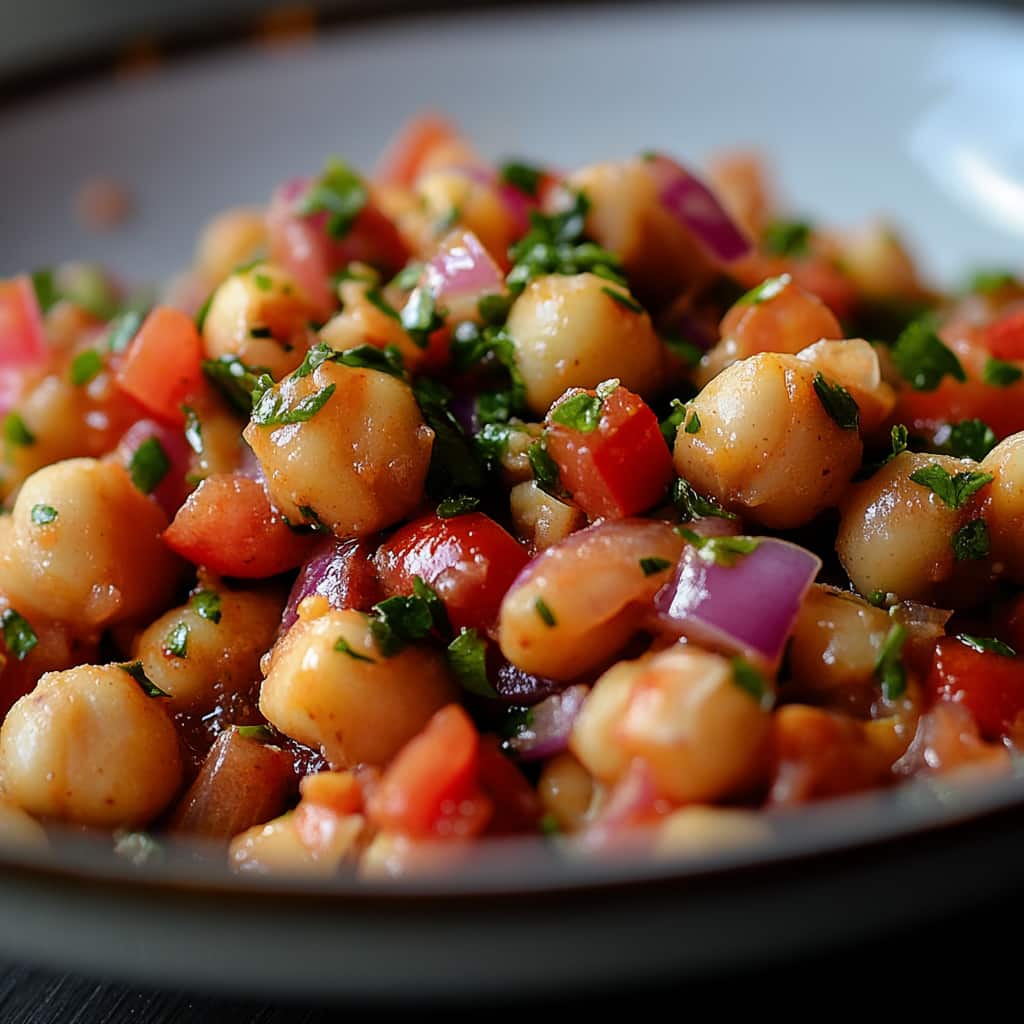 Un gros plan de La Meilleure Salade de Pois Chiches, mettant en valeur des textures riches et des couleurs naturelles, capturé avec une lumière naturelle douce et diffusée.