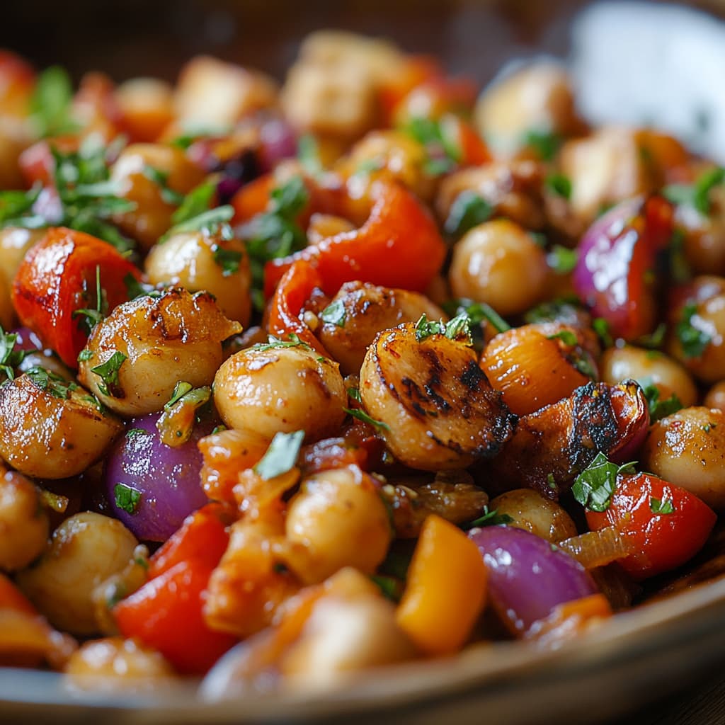 Une salade de pois chiches avec des légumes grillés, assaisonnée d'herbes fraîches.