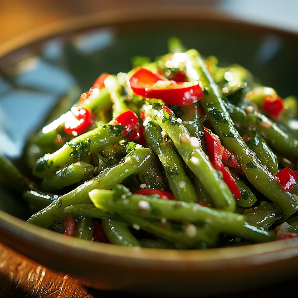 Salade de Haricots Verts Italienne authentique, capturée avec une lumière naturelle pour une ambiance chaleureuse et accueillante.
