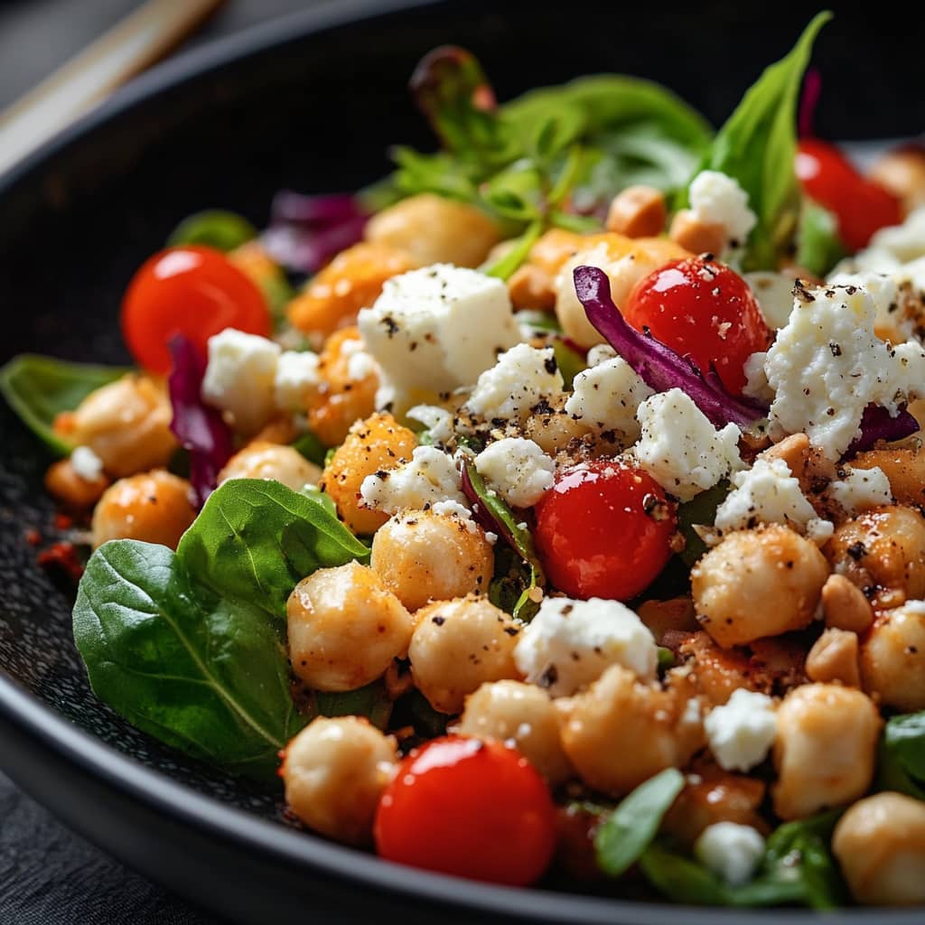 Gros plan réaliste de La Meilleure Salade de Pois Chiches, avec des textures riches et des couleurs naturelles, éclairé par une lumière naturelle douce et diffusée.