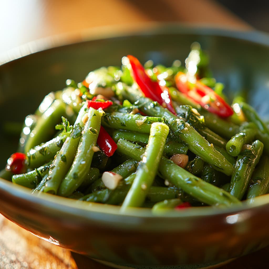 Salade de Haricots Verts Italienne, prise en détail avec une lumière douce du jour illuminant les ingrédients frais.