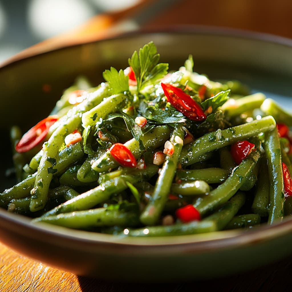 Gros plan sur une Salade de Haricots Verts Italienne, mettant en valeur des haricots verts vibrants et des ingrédients frais.