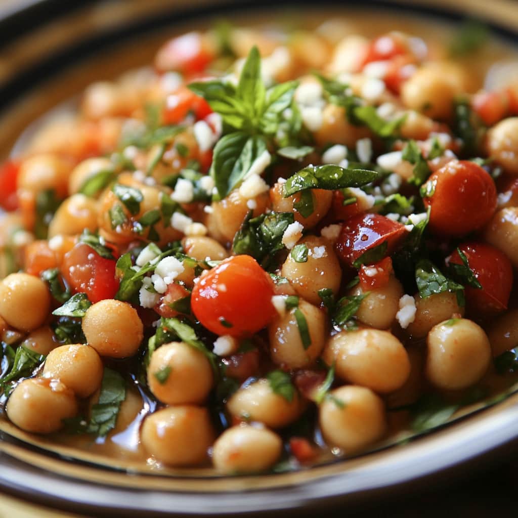 Gros plan de la Salade de Pois Chiches Libanaise, mettant en valeur ses couleurs vibrantes et ses ingrédients frais, éclairée par une lumière naturelle douce.