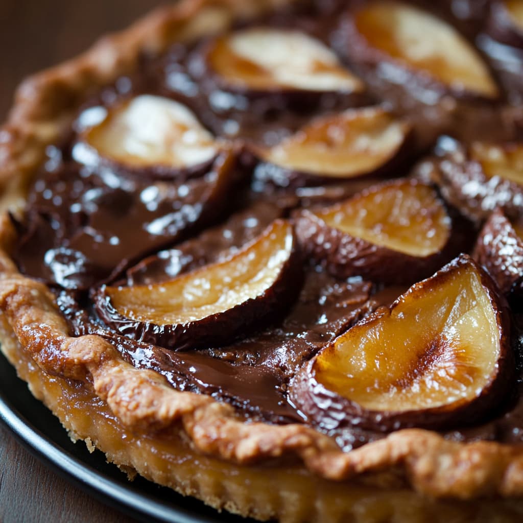 Une Tarte aux Poires et Chocolat parfaitement cuite capturée sous une lumière naturelle douce