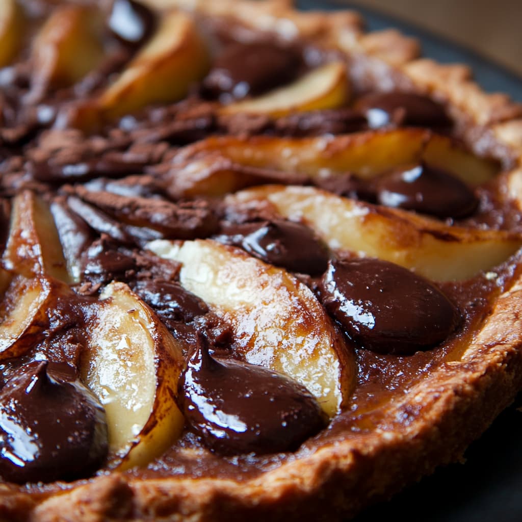 Une délicieuse tranche de Tarte aux Poires et Chocolat sous une lumière naturelle et douce.