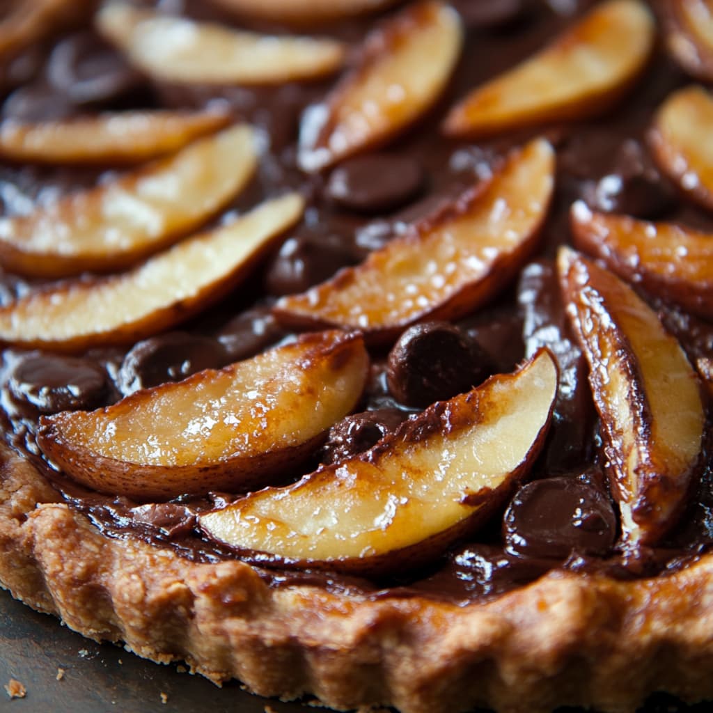 Gros plan ultra-réaliste d’une Tarte aux Poires et Chocolat sous lumière naturelle.