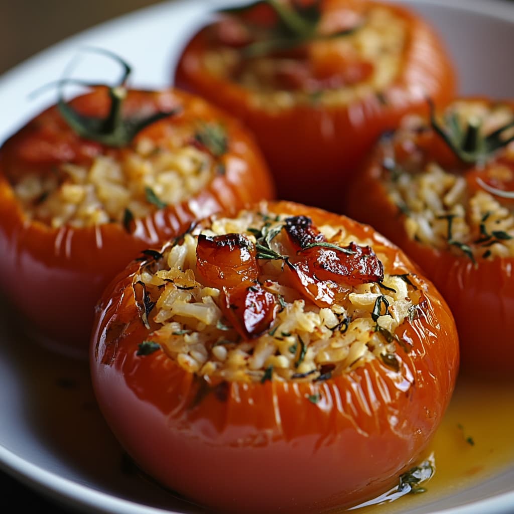 Tomates Farcies au Riz - Plat végétarien appétissant avec une texture riche et des couleurs naturelles, capturé en lumière douce et diffuse