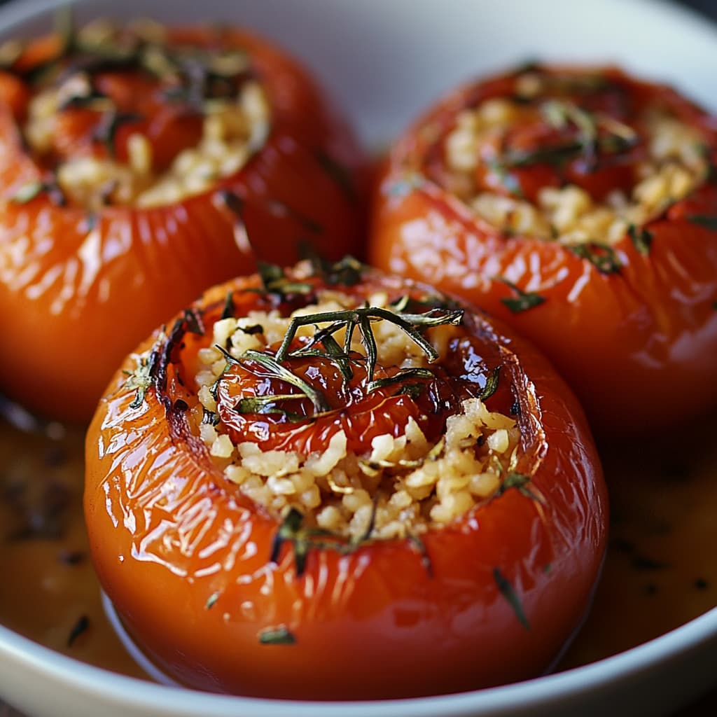 Tomates Farcies au Riz – Plat végétarien en gros plan avec couleurs et textures réalistes sous lumière naturelle