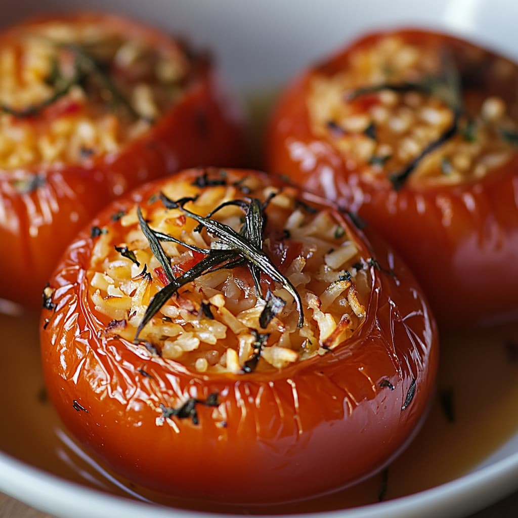 Tomates Farcies au Riz – Photo réaliste d’un plat végétarien savoureux, éclairé par une lumière naturelle douce et mise en valeur par une prise de vue rapprochée.