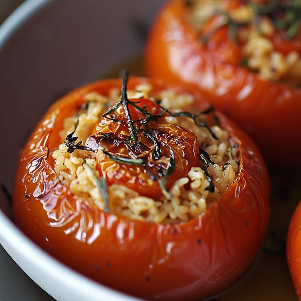 Tomates Farcies au Riz - Plat végétarien photogénique avec textures naturelles et éclairage doux de la fenêtre.