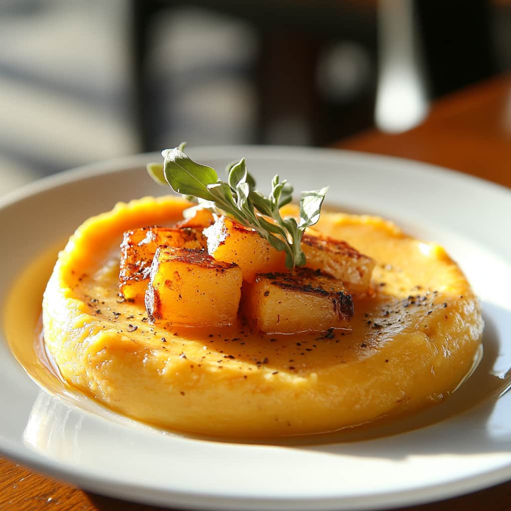 Plan large de purée de patate douce servie dans un bol en céramique moderne, mettant en valeur sa texture crémeuse et sa couleur vibrante dans un cadre minimaliste.