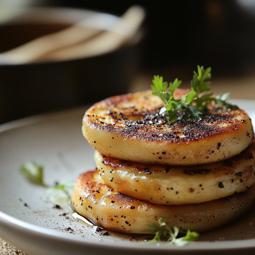Un assiette de blinis végétaliens dorés à la perfection, capturée en lumière naturelle douce, mettant en valeur leurs textures moelleuses et leur aspect gourmand.