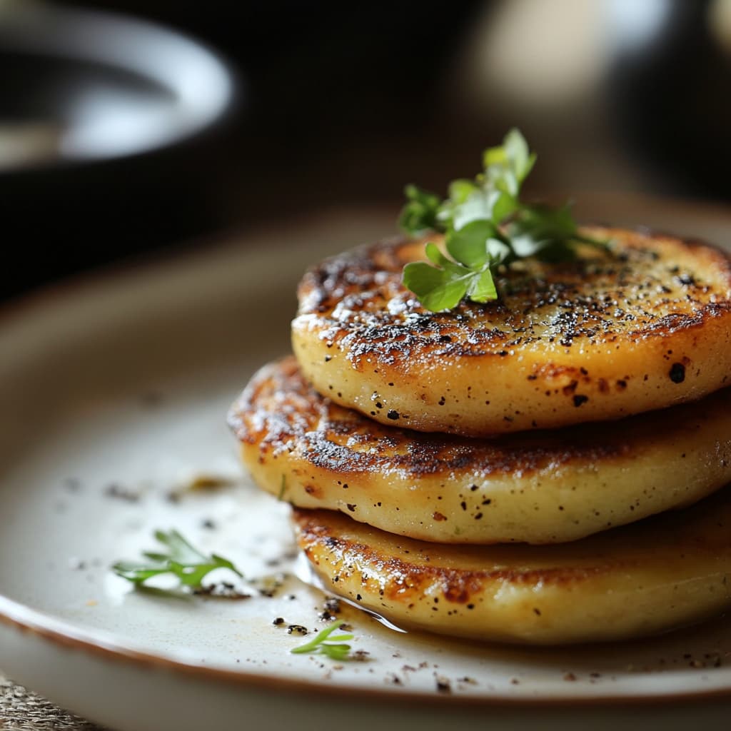 Gros plan réaliste sur des blinis végétaliens moelleux et dorés, mis en valeur par une lumière naturelle parfaitement équilibrée.

