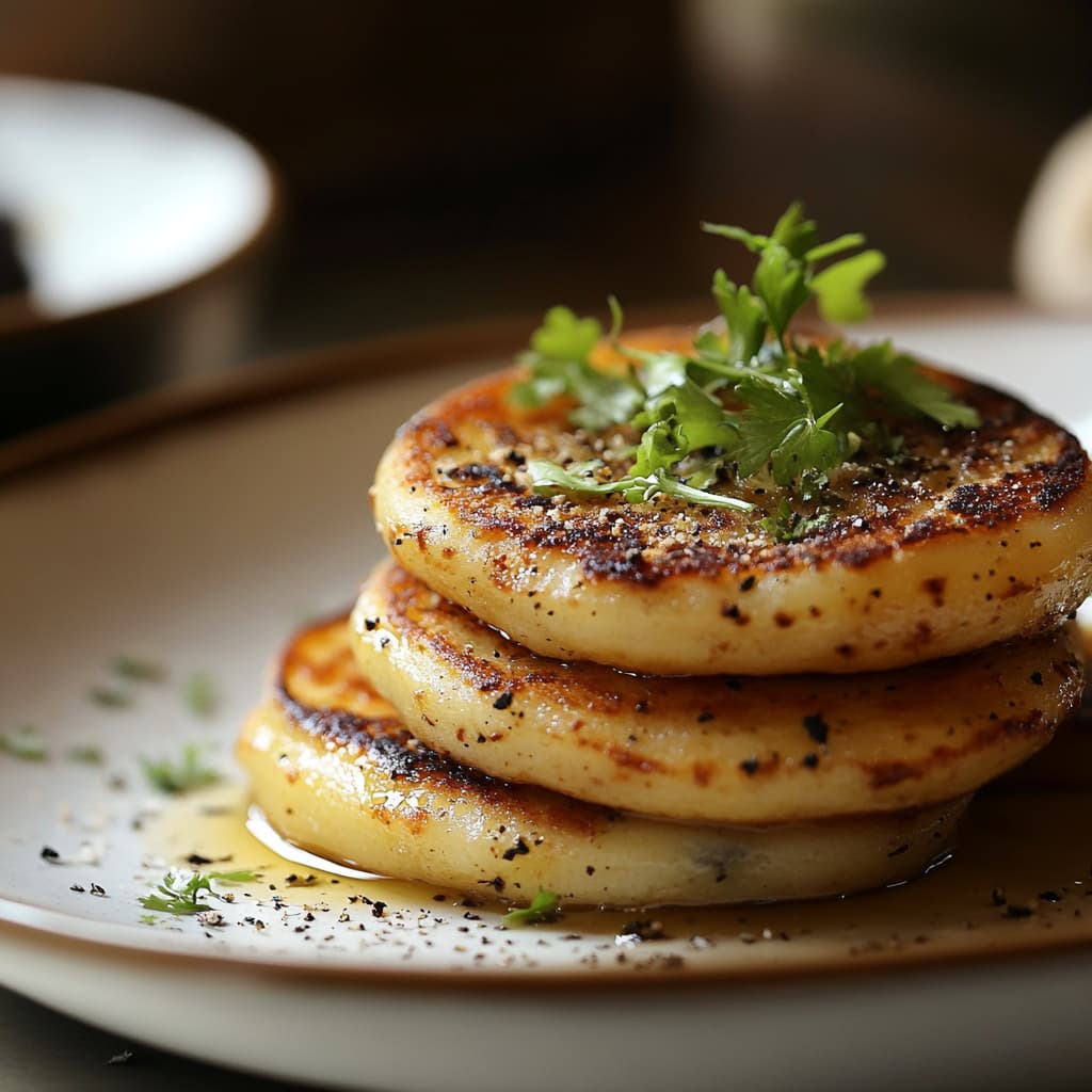 Blinis végétaliens empilés, dorés et moelleux, mis en lumière sous un éclairage naturel doux, sans ombres dures ni reflets artificiels.

