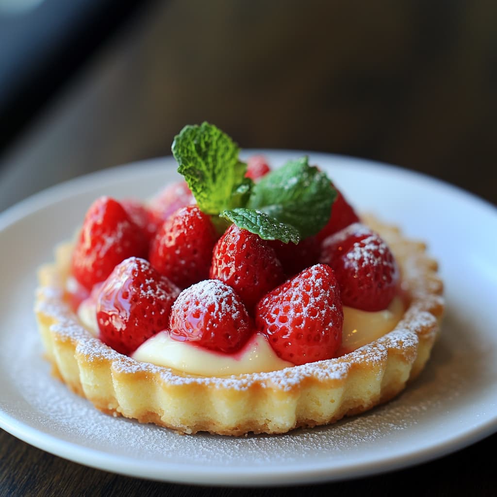 Tartelette de fraises avec une touche de sucre glace et de menthe fraîche.