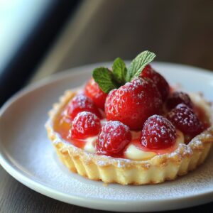 Tartelette aux fruits frais avec de la crème pâtissière et des fraises, saupoudrée de sucre glace.