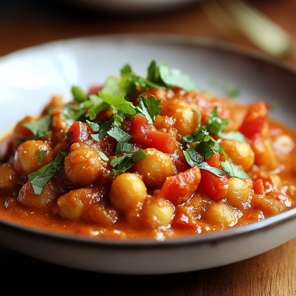  Curry de pois chiches à la tomate dans un bol avec une garniture de coriandre fraîche.