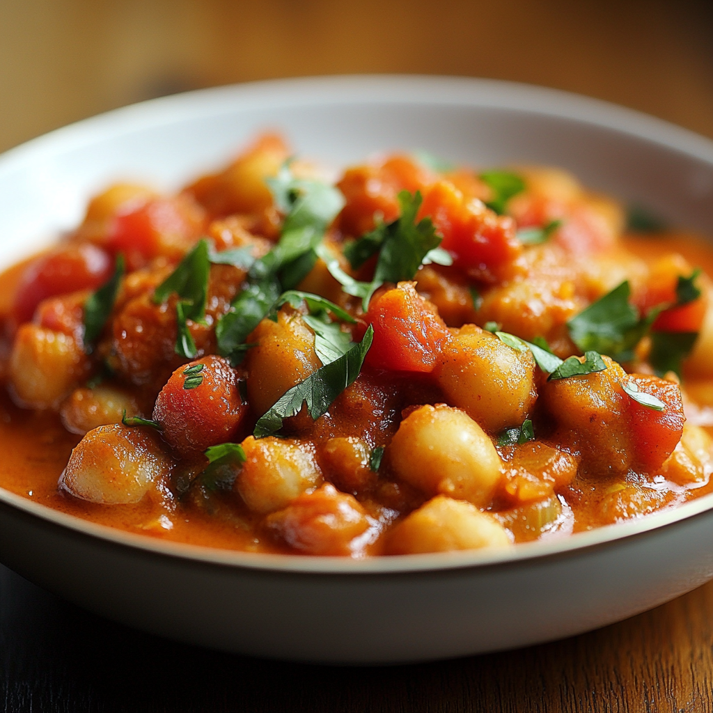 Curry de pois chiches à la tomate avec de la coriandre fraîche, servi dans un bol blanc.