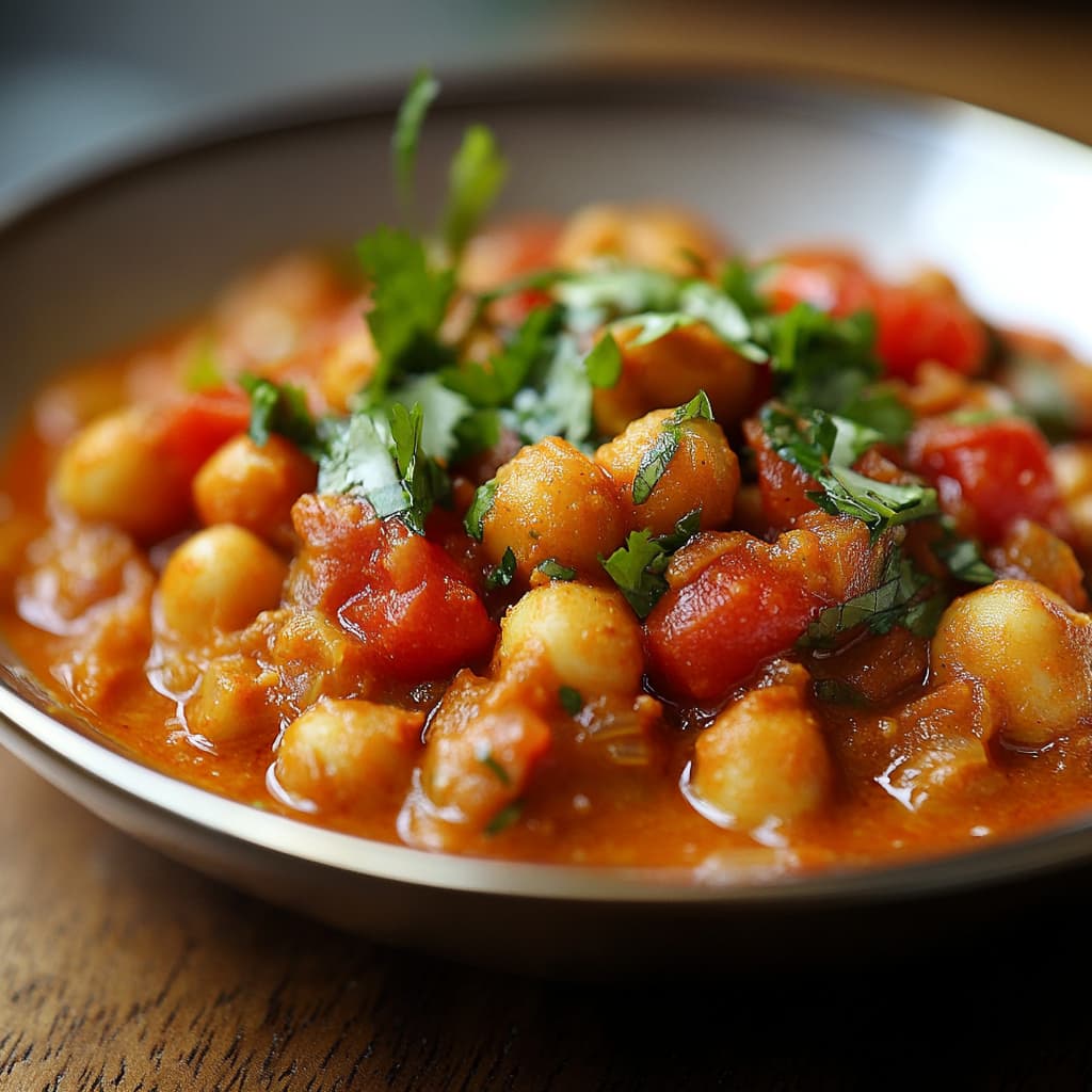 Curry de pois chiches à la tomate garni de coriandre fraîche dans un bol.