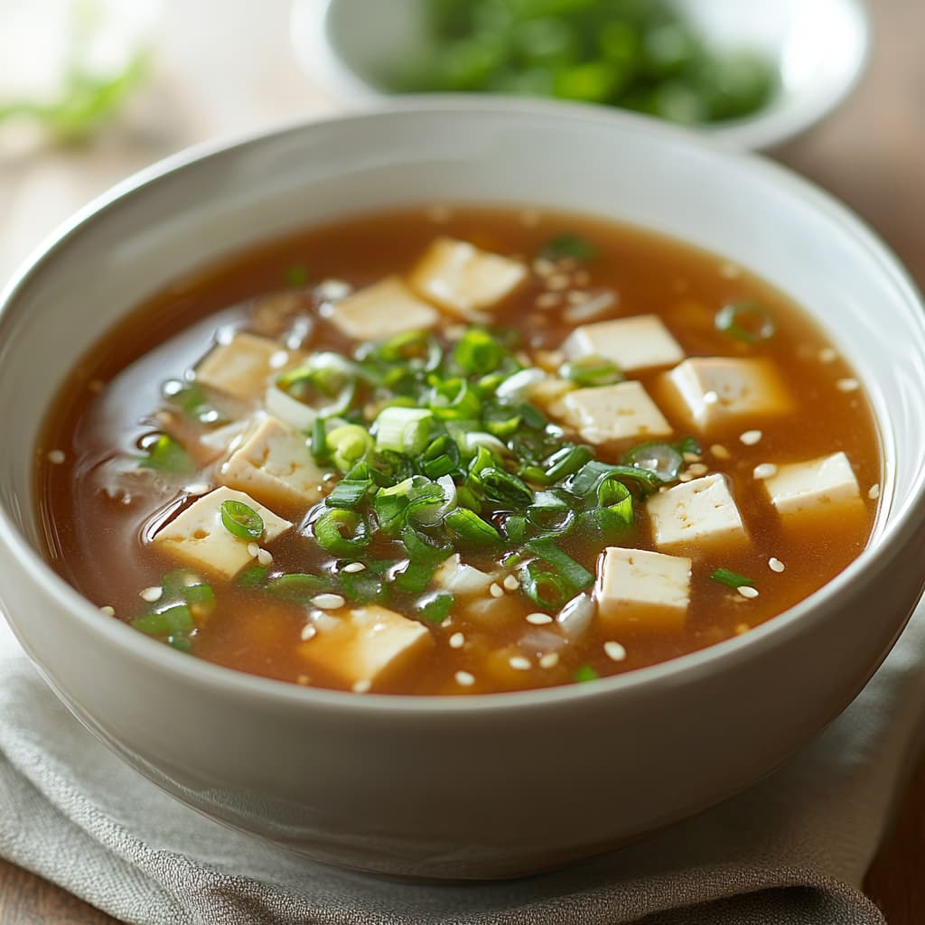 Soupe miso crémeuse au tofu soyeux, image authentique avec lumière douce