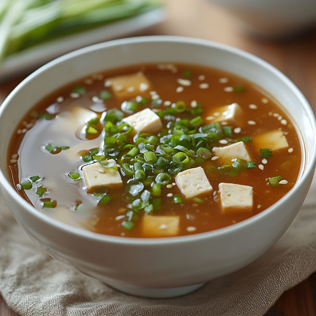 Soupe Miso au Tofu Soyeux avec textures riches sous lumière naturelle
