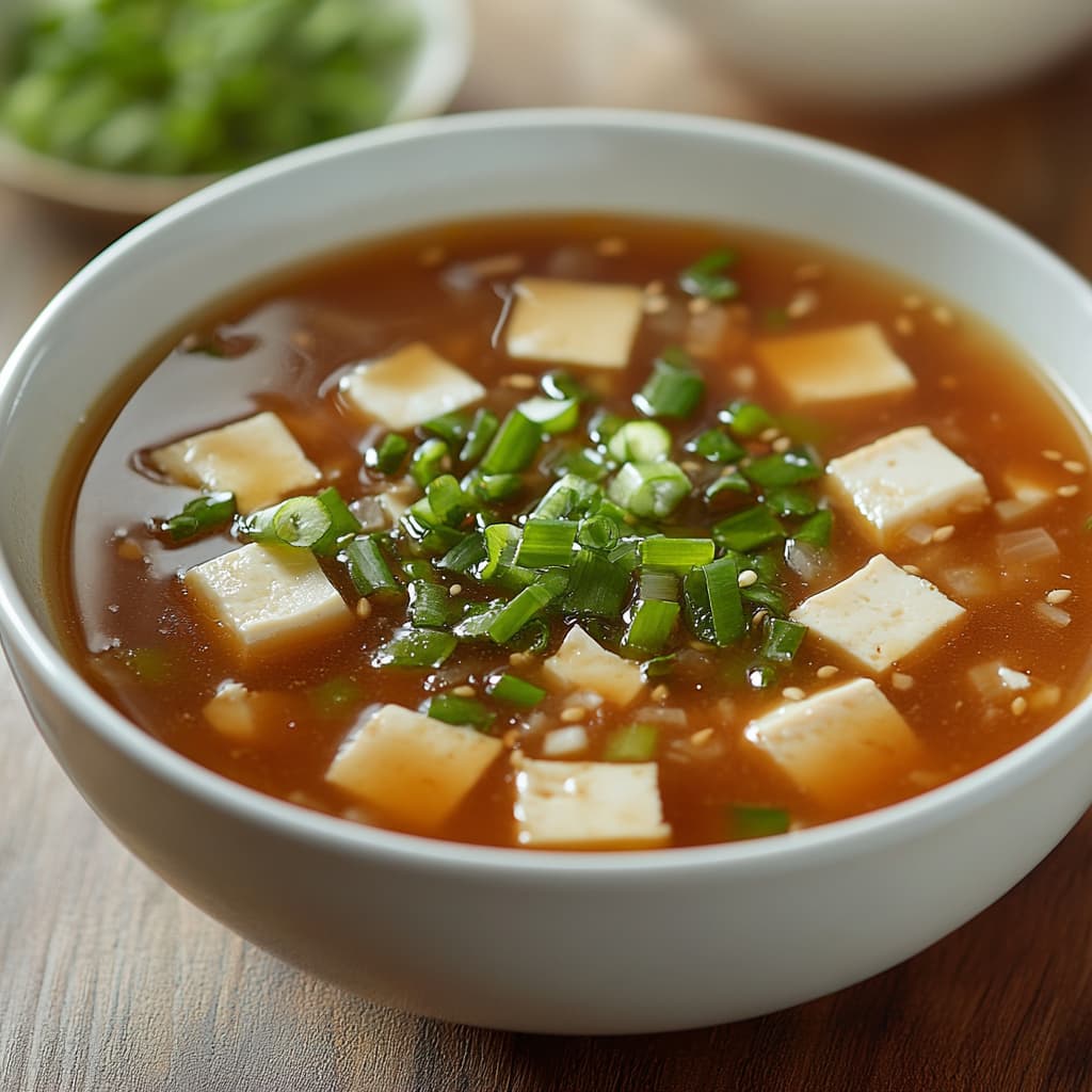 "Soupe miso végétalienne au tofu soyeux, photographiée avec lumière diffuse
