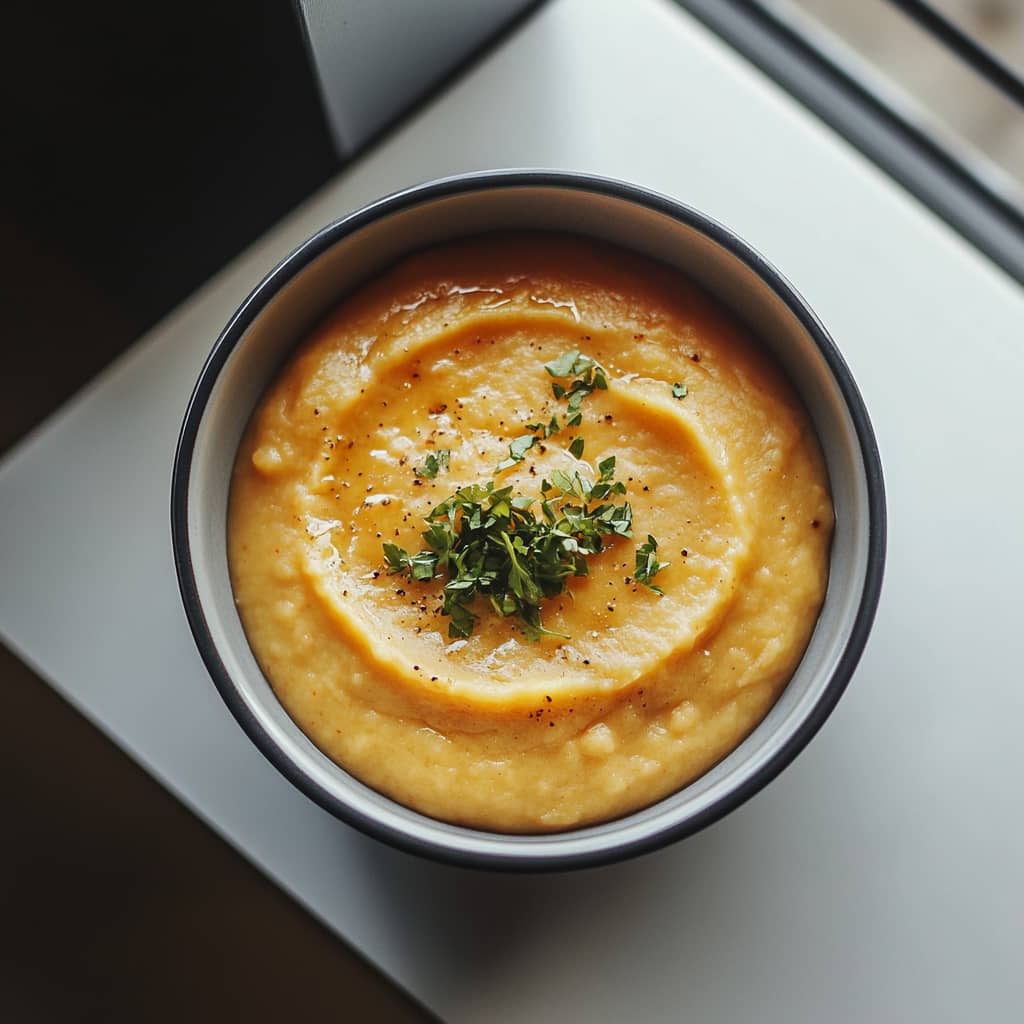 Vue du dessus de purée de patate douce servie dans un bol en céramique moderne sur une table minimaliste, capturée avec une lumière naturelle douce et des textures réalistes.