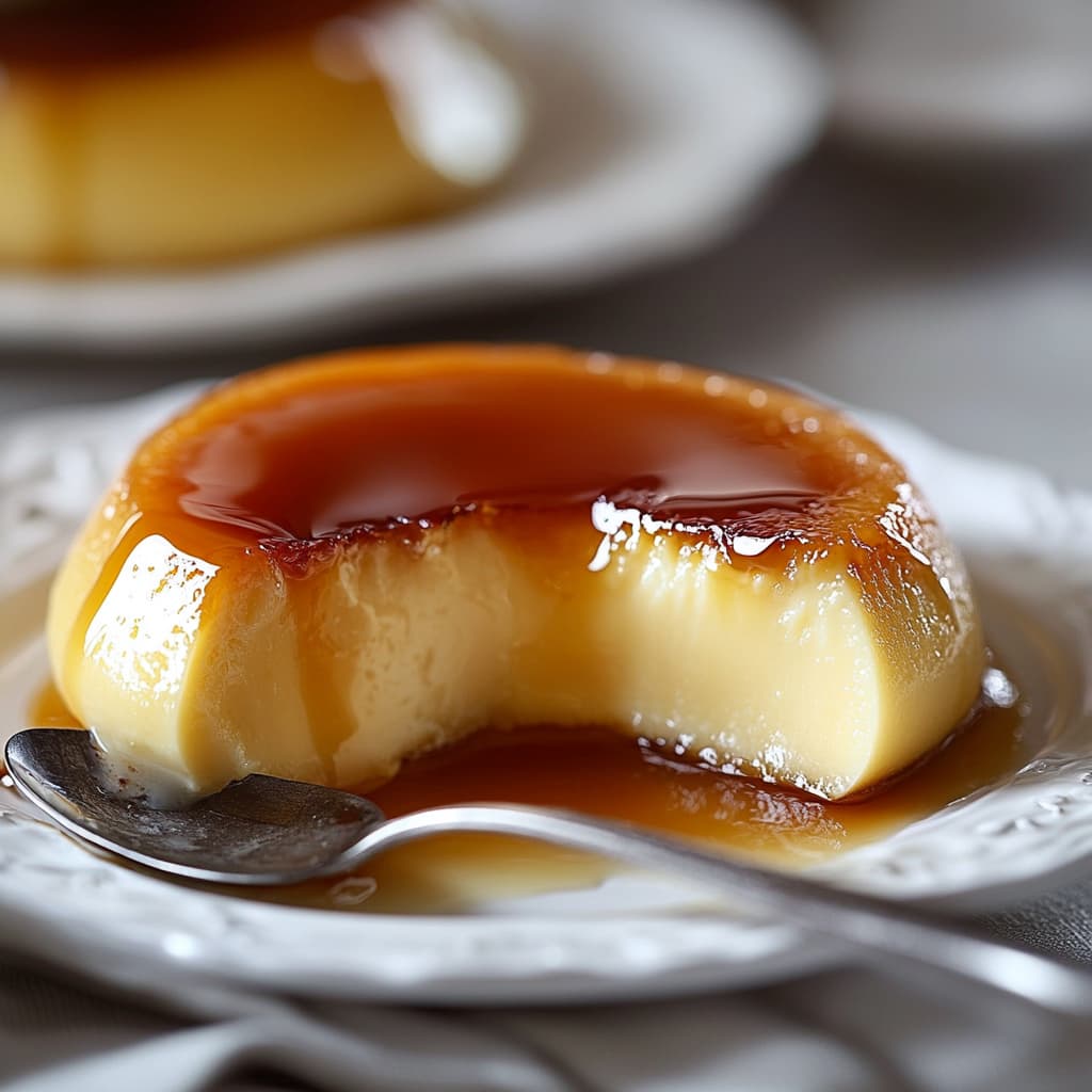 Créme caramel avec une texture lisse et une couche brillante de caramel, prêt à être dégusté avec une cuillère.