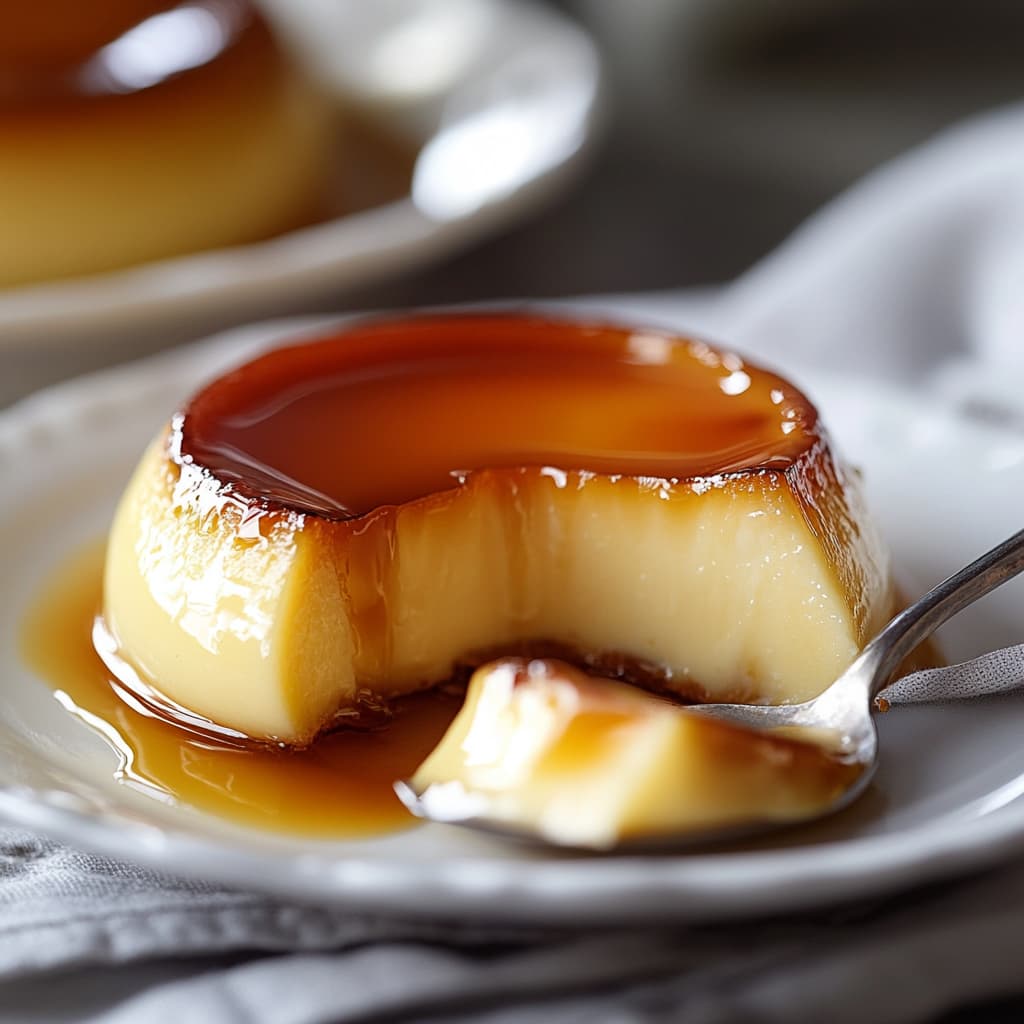 Gros plan sur une tranche de créme caramel avec de la sauce caramel qui coule sur les bords.


