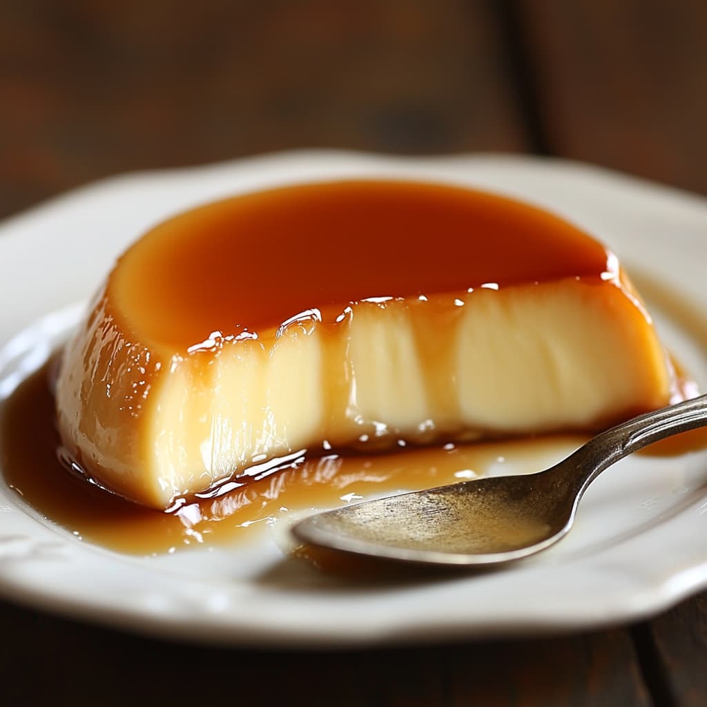 Un créme caramel crémeux avec une sauce caramel riche sur le dessus, servi dans une assiette blanche avec une cuillère en argent.
