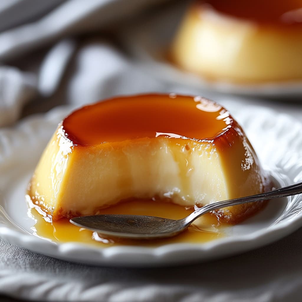 Un créme caramel doux et doré sur une assiette blanche avec une cuillère à côté.

