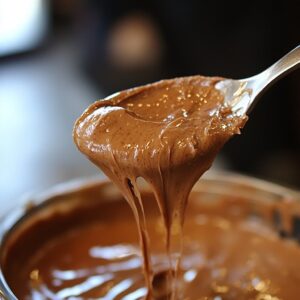 Cuillère levant une pâte de noisettes du pot, avec une texture crémeuse qui coule.