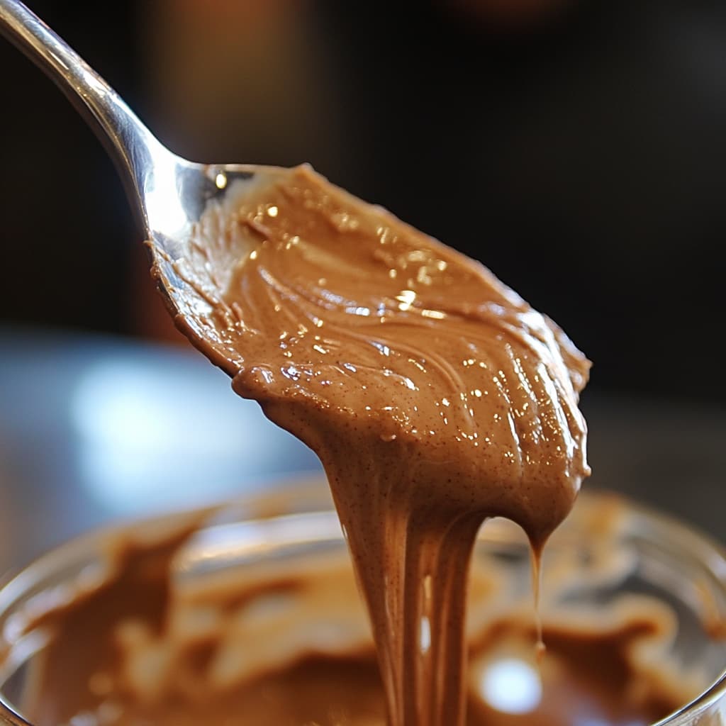 Cuillère levant une pâte de noisettes du pot, montrant sa texture lisse et fondante.