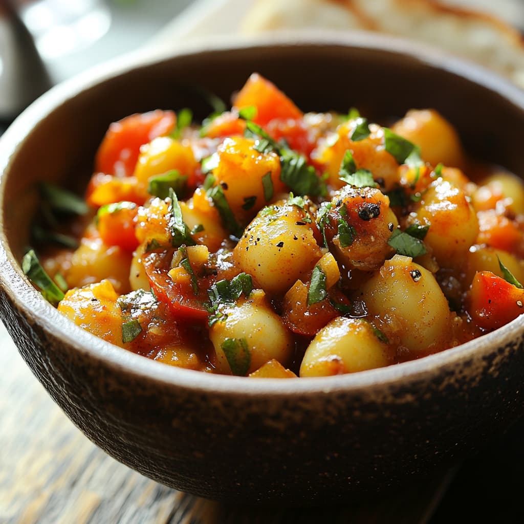  Curry de pois chiches à la tomate servi dans un bol en terre cuite avec de la coriandre et des tomates en morceaux.